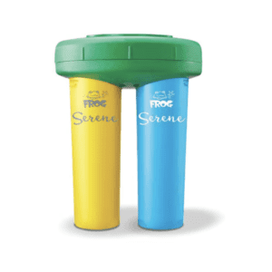 Two blue and yellow FROG Serene Floating Sanitizing Systems for Hot Tubs, Quick and Easy Self-Regulating Hot Tub Sanitizers with Bromine and FROG Sanitizing Minerals Kills Bacteria 2 Ways, for Hot Tubs up to 600 gallons on a white background.